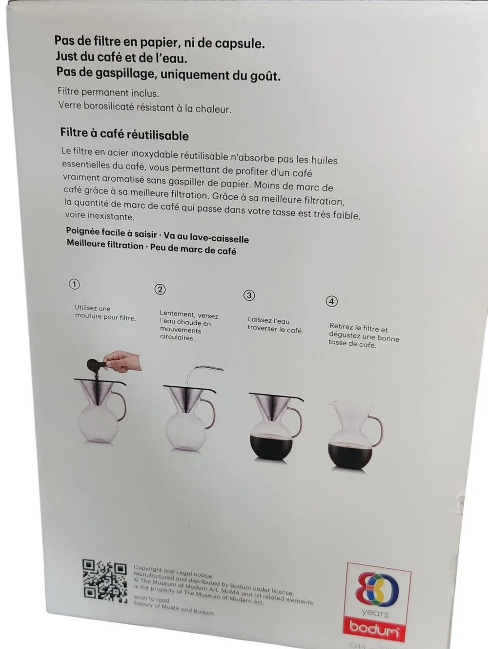 Bodum MoMA Pour Over Coffee Maker with Permanent Filter 1 Liter Pink Glass NEW